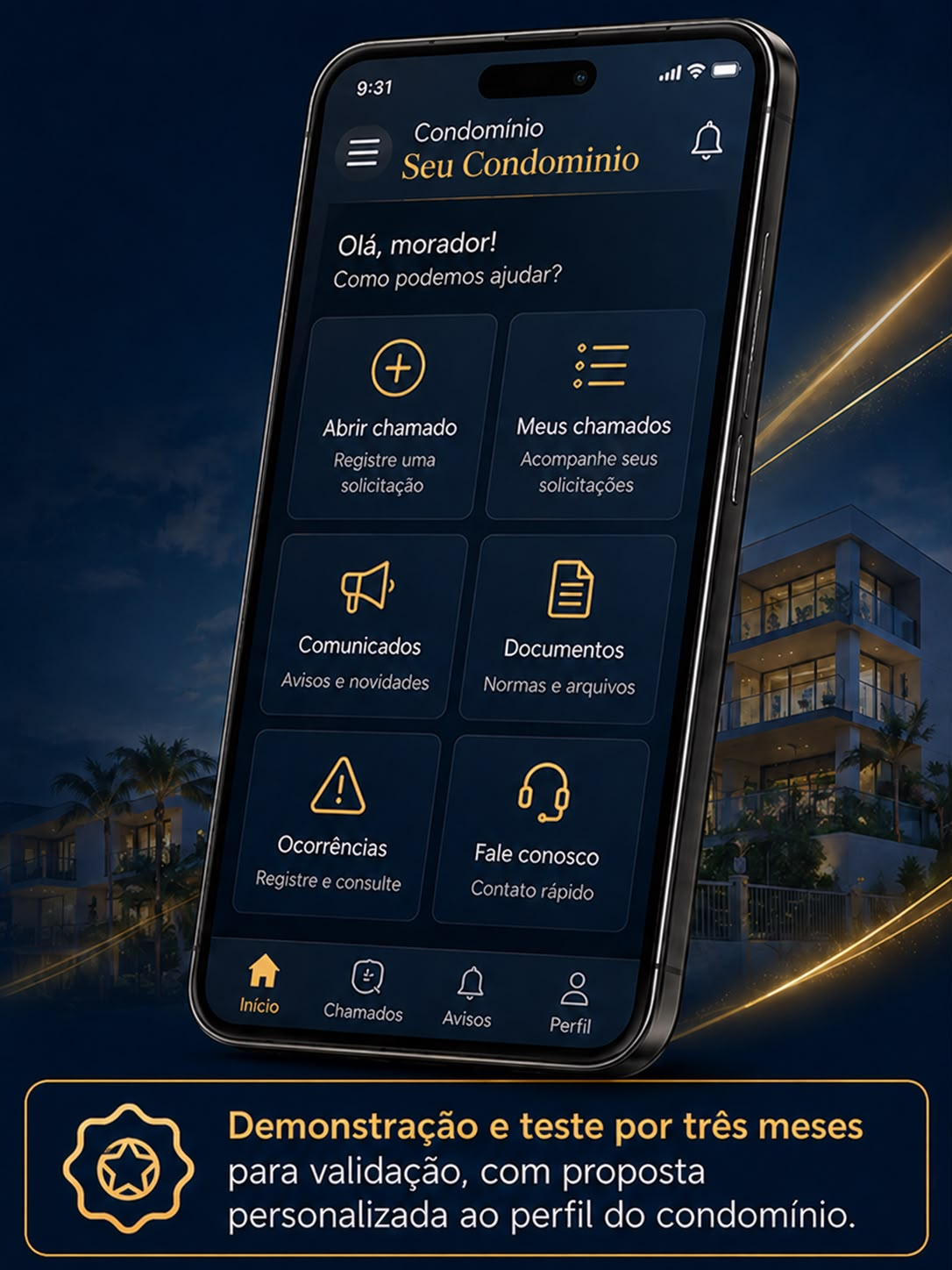 Aplicativo CondomínioIA em tela de celular mostrando chamados, comunicados e ocorrências